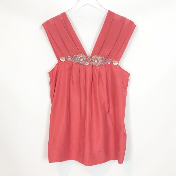 BCBG MaxAzria Coral Silk Embroidered Top Small - Picture 6 of 8